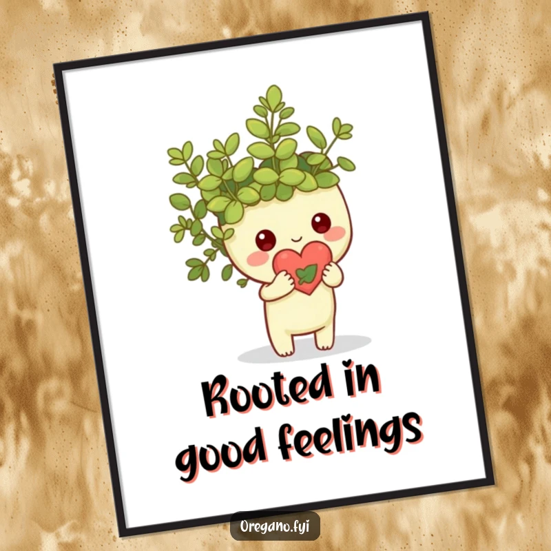 Funny Free Printable Wall Art: Kawaii oregano sprig lovingly holds up a tiny heart made from green leaves.