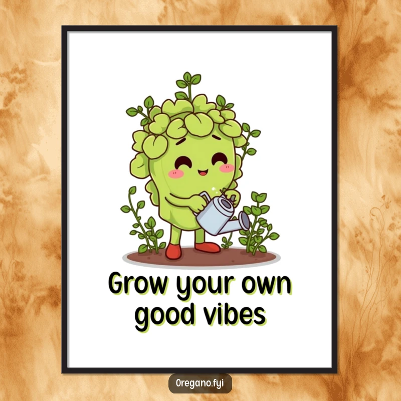Funny Free Printable Wall Art: An oregano leaf character lovingly waters a miniature herb garden with a tiny watering can, downloadable art.