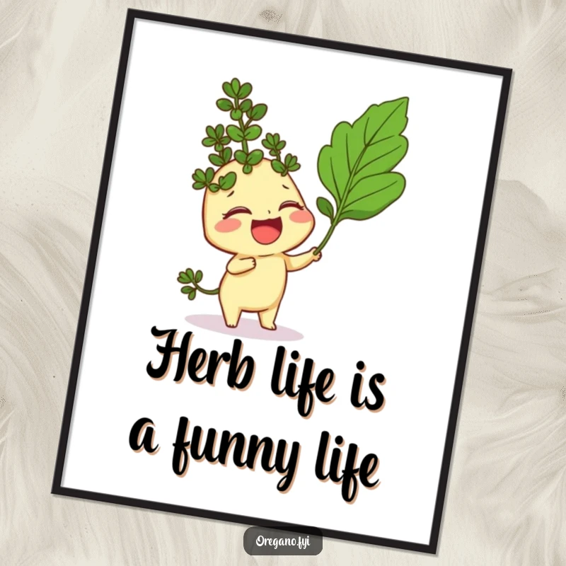 Funny Free Printable Wall Art: An oregano sprig character is caught in a fit of giggles as a curry leaf playfully tickles its sides.
