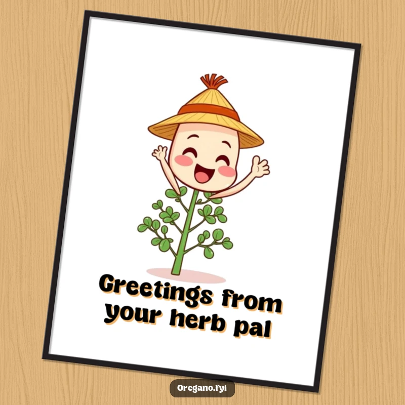 Funny free printable wall art of a cheerful oregano sprig wearing a tiny straw hat and waving hello, adding a welcoming vibe.