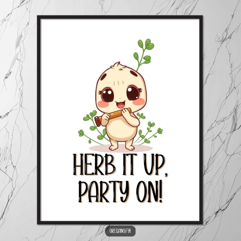 Funny Free Printable Wall Art: Adorable Oregano Herb character playing a tiny panpipe with wide, excited eyes.