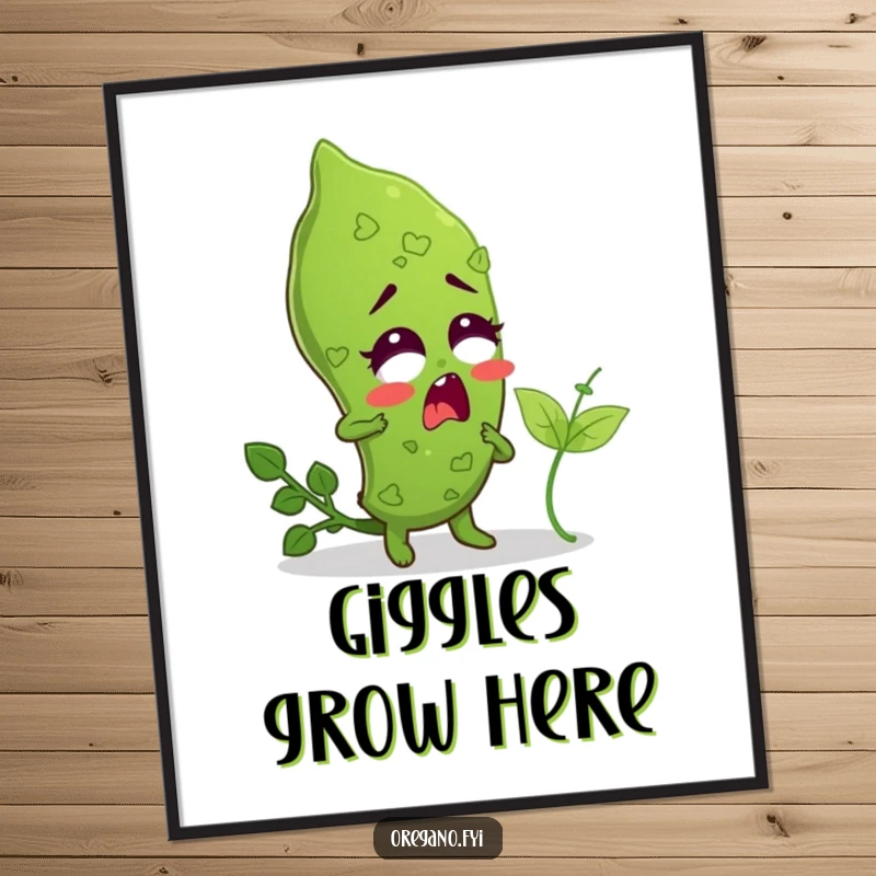 Funny Free Printable Wall Art: An oregano leaf character reacting with comical surprise to being tickled by a small basil leaf.