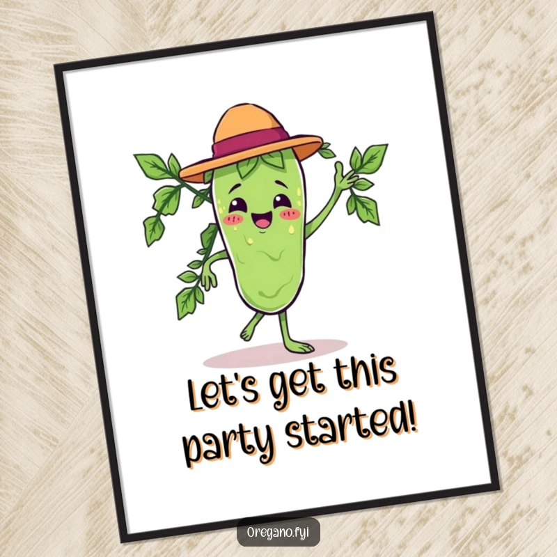 Funny Free Printable Wall Art: A Kawaii oregano leaf character in a lively salsa dance pose, radiating happiness.