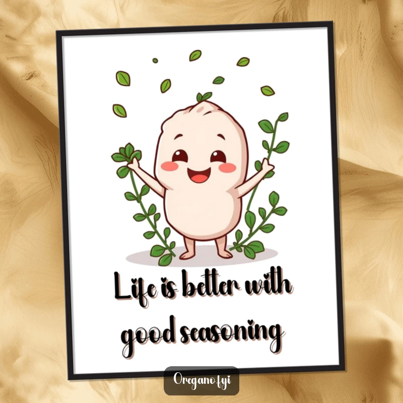 Joyful Free Printable Wall Art: Oregano character with a huge smile, tossing fresh green herb leaves into the air.