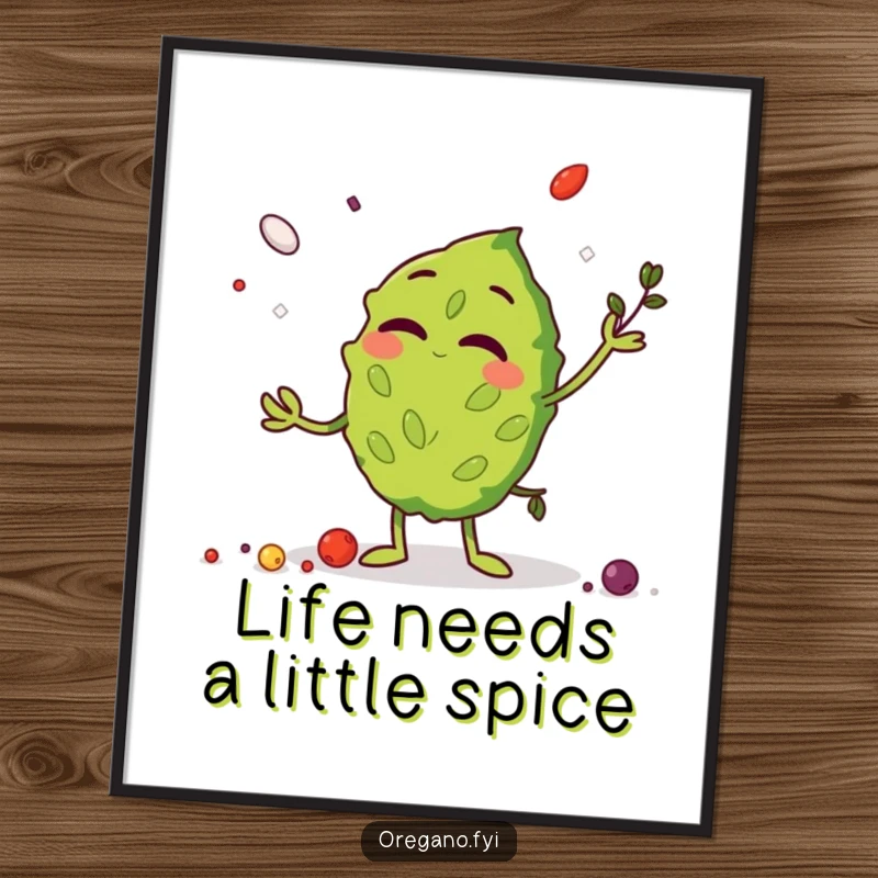 Funny Free Printable Wall Art: A giggling oregano leaf character joyfully juggles tiny peppercorns and salt crystals in a culinary masterpiece.