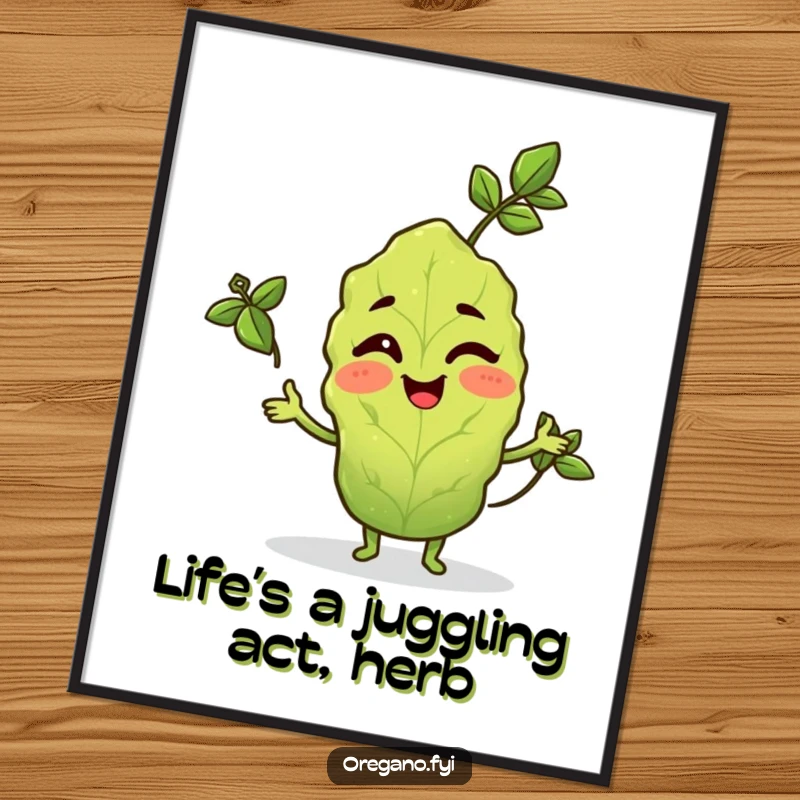Funny Free Printable Wall Art: Oregano leaf character winking and skillfully juggling tiny basil leaves, a whimsical piece.