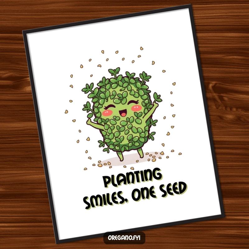 Funny free printable wall art of an oregano character joyfully scattering miniature seeds like confetti, adding a whimsical, celebratory vibe.