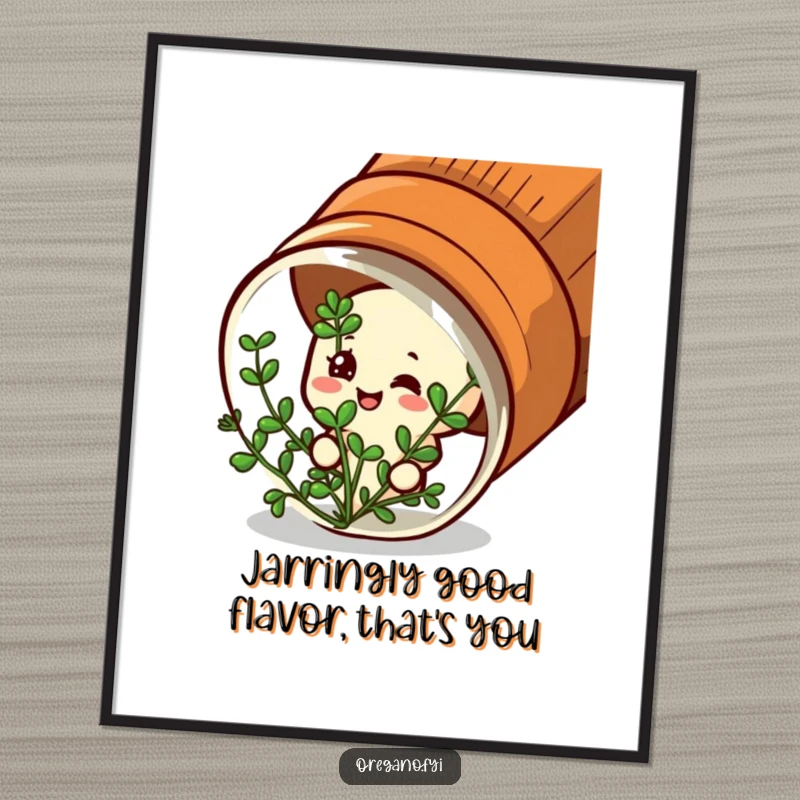 Funny Free Printable Wall Art: Oregano character with a satisfied expression, peeking out from a spice jar. Whimsical kitchen decor.