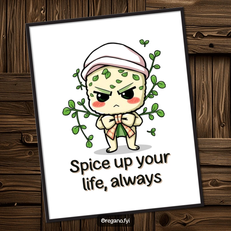 Funny Free Printable Wall Art of a determined oregano character with a chef's hat, hilariously struggling to tie a culinary bow.