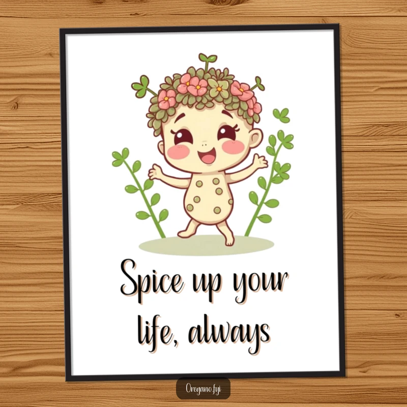 Funny free printable wall art of a delighted oregano sprig character doing a tiny, bouncy dance, adding a playful herb accent.