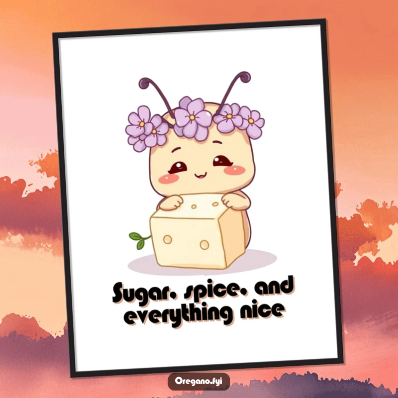 Funny Free Printable Wall Art featuring a smiling oregano with tiny antennae intently inspecting a sugar cube, a curious study.