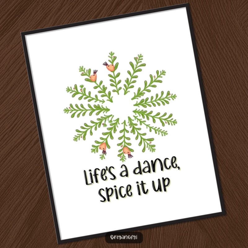 Funny Free Printable Wall Art: Group of happy oregano sprigs in a circular formation, creating a fragrant dance. Playful kitchen decor.