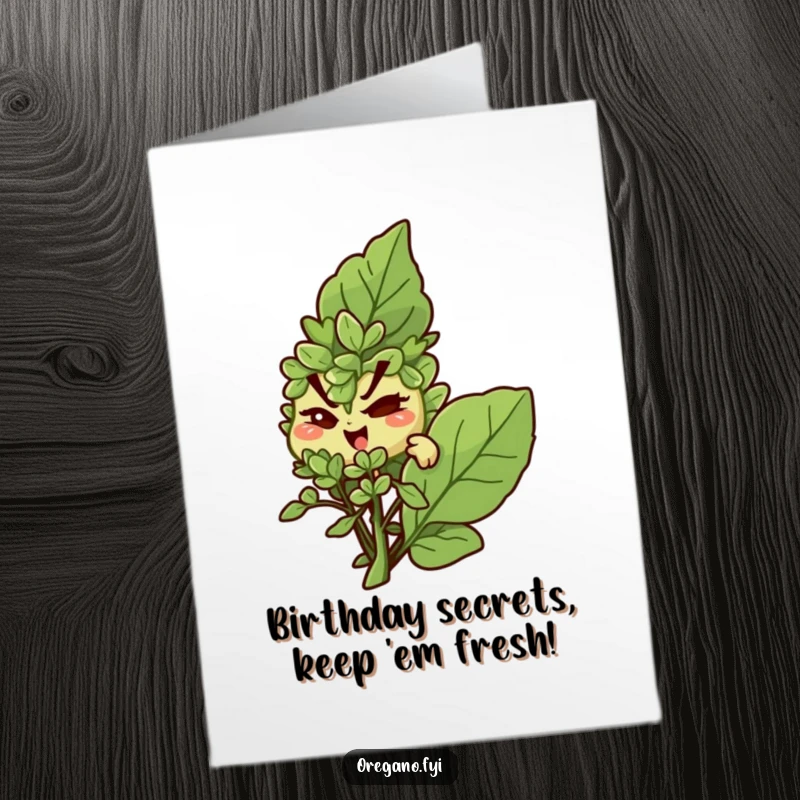 Funny Free Printable Birthday Card: Oregano character with mischievous wink, hiding behind a large basil leaf. Secretive fun.