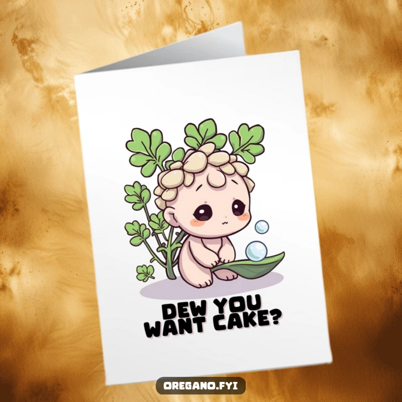 Funny Free Printable Birthday Card: A curious oregano character gazing at a dewdrop on a leaf, celebrating life's small details.