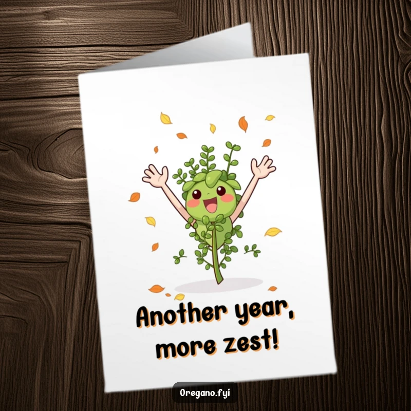 Funny Free Printable Birthday Card: Excited oregano sprig waving arms, catching falling autumn leaves, festive and cheerful.