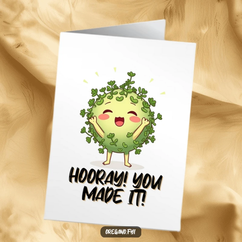Funny Free Printable Birthday Card featuring a round oregano character cheering loudly with tiny leaf-like pom-poms for a happy birthday.