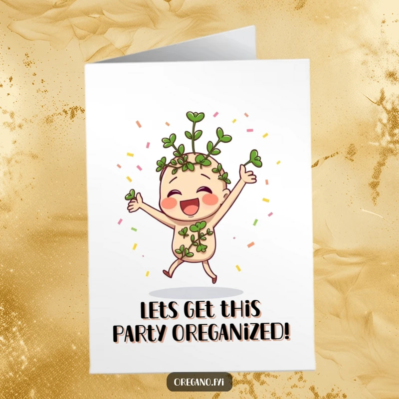 Festive Free Printable Birthday Card: Oregano sprig dancing happily, surrounded by colorful falling confetti and good vibes.