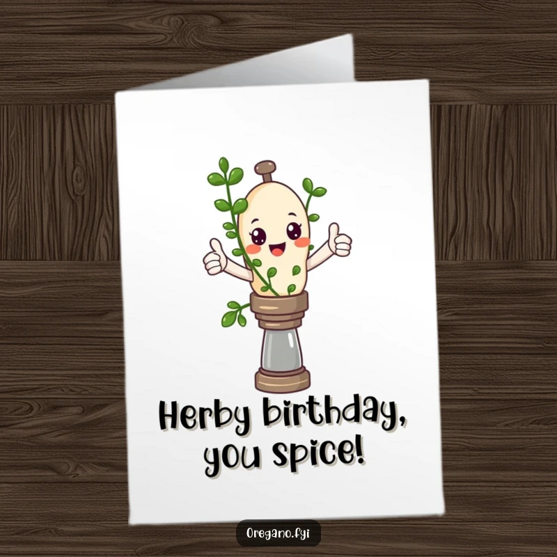 Funny Free Printable Birthday Card: Kawaii oregano sprig balancing on pepper mill, giving a thumbs up, celebrating.