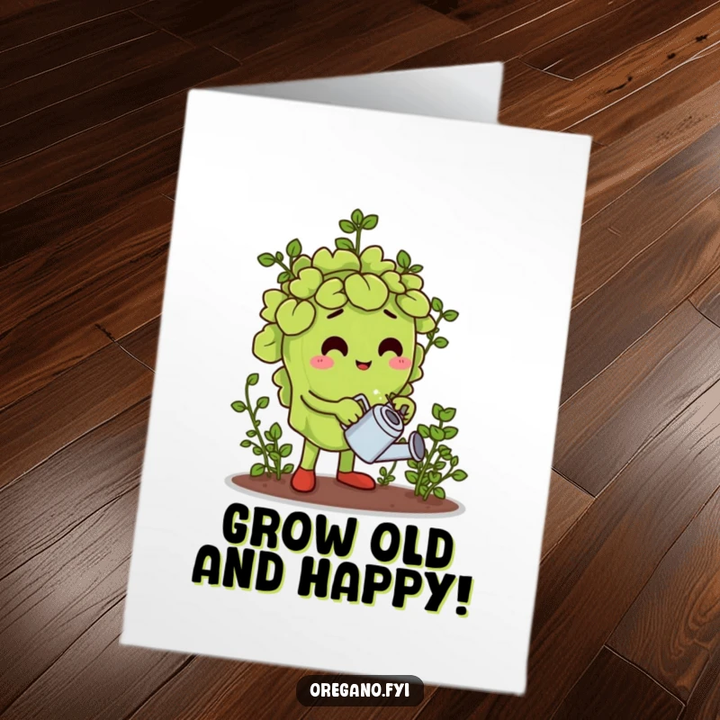 Funny Free Printable Birthday Card: An oregano leaf character uses a tiny watering can to tend a miniature herb garden, a downloadable gift.