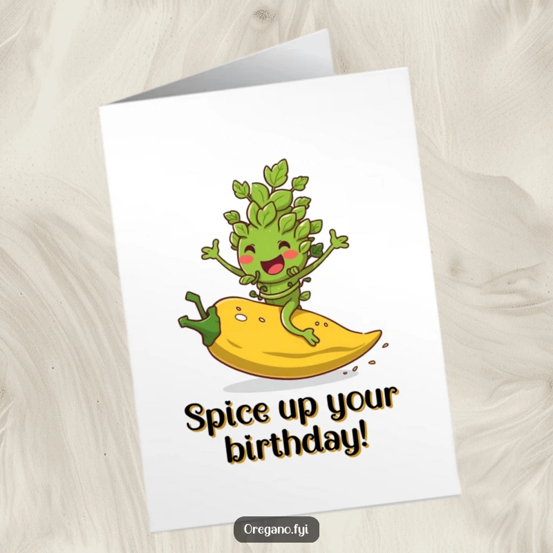 Funny Free Printable Birthday Card: An oregano leaf character joyfully rides a rolling pepper flake, a humorous downloadable gift.