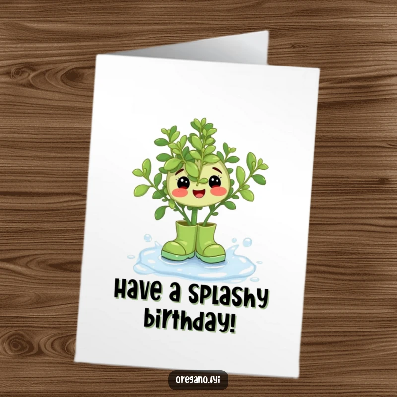 Funny Free Printable Birthday Card: Adorable oregano sprig in tiny rain boots happily splashing in a dewdrop.