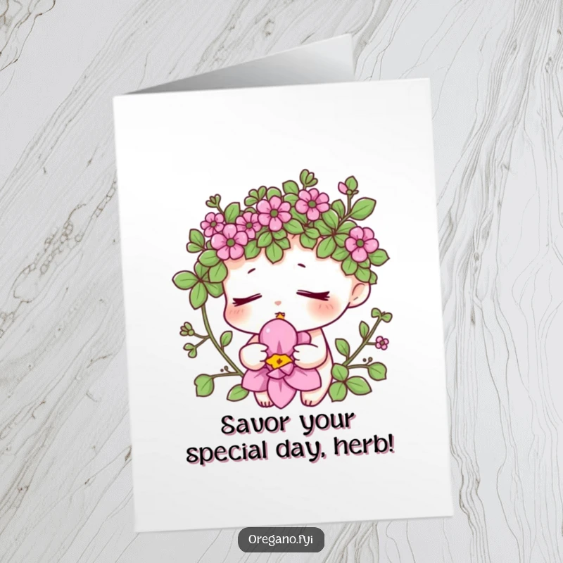 Funny Free Printable Birthday Card: An oregano character peacefully smelling a flower, embodying birthday serenity and joy.