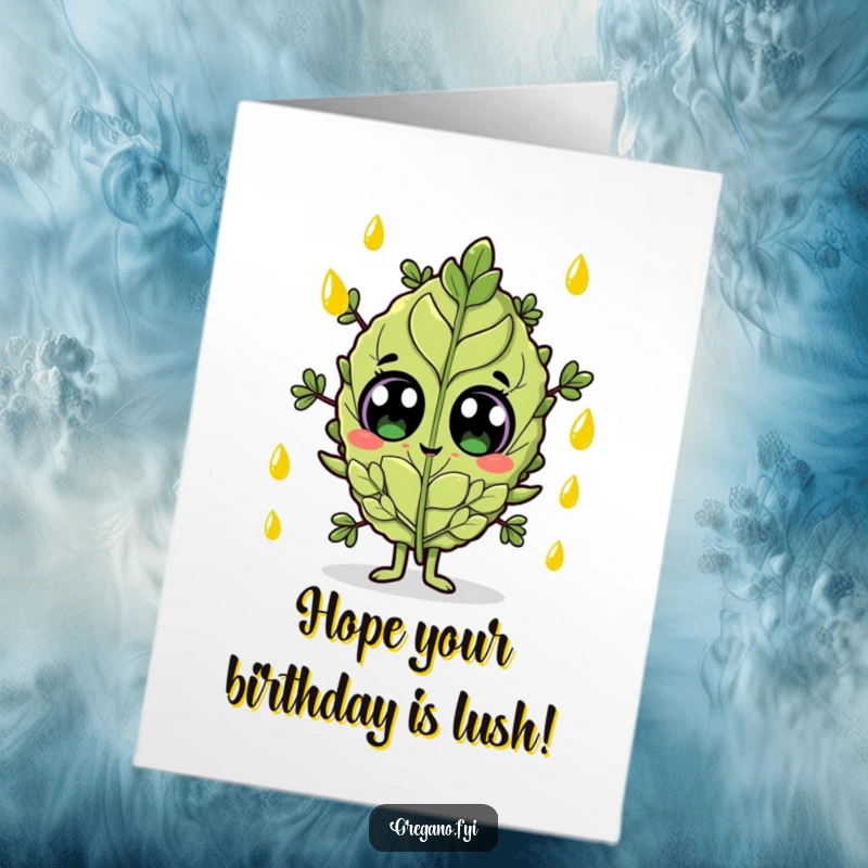 Funny Free Printable Birthday Card: Oregano leaf character with wide eyes, surprised by olive oil droplets.