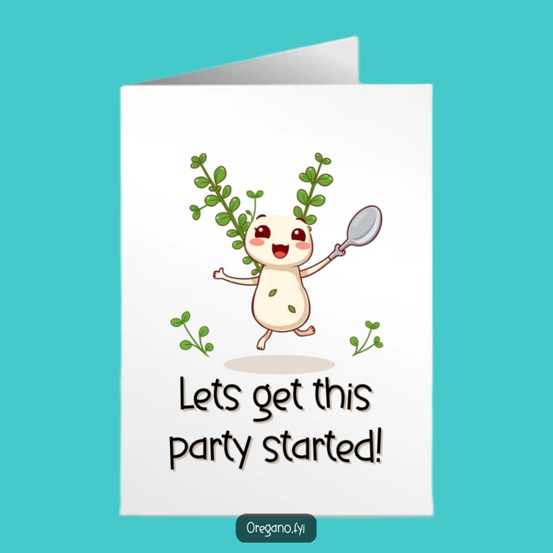 Free Printable Oregano Birthday Card: Dancing Herb with Spoon, Fun DIY Gift