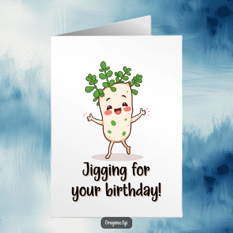 Funny Free Printable Birthday Card: A Kawaii oregano sprig does a lively jig, leaves shaking with joy.