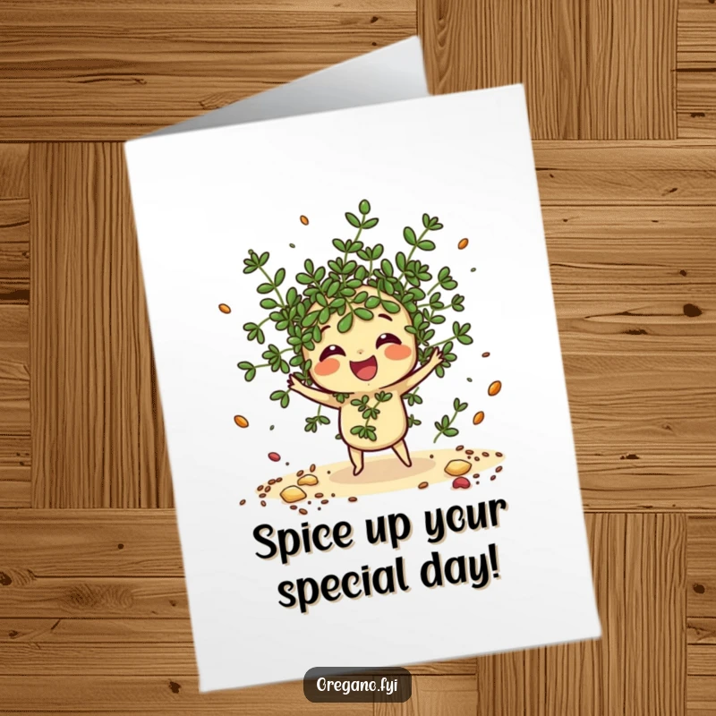 Funny Free Printable Birthday Card: A kawaii oregano sprig gleefully scatters imaginary spices, celebrating your special day.