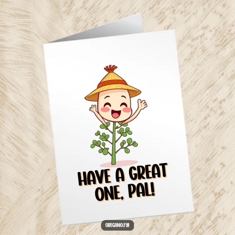 Funny free printable birthday card with a cheerful oregano sprig wearing a tiny straw hat and waving hello with a friendly expression.