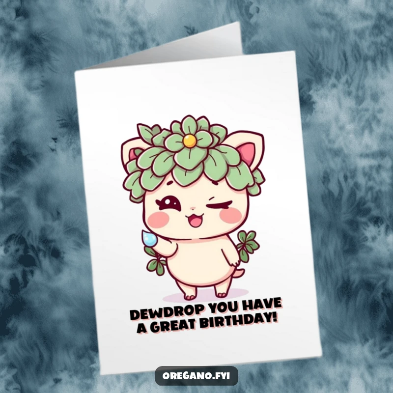 Funny Free Printable Birthday Card: Mischievous oregano character winks while offering a sparkling dewdrop, perfect for a laugh.