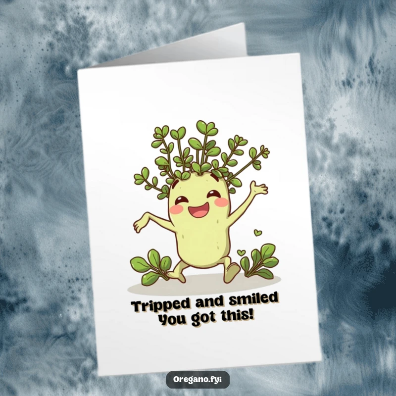 Funny Free Printable Birthday Card: A cheerful oregano sprig comically trips but lands with a big grin, ready to party.
