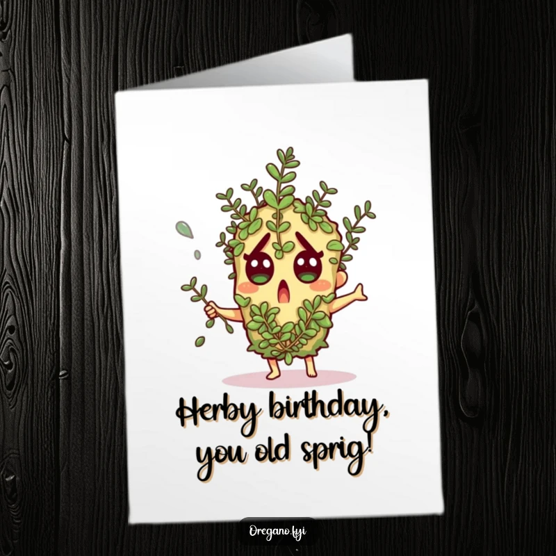 Funny Free Printable Birthday Card: Surprised oregano character gasping and dodging a falling herb sprig. Hilarious DIY.