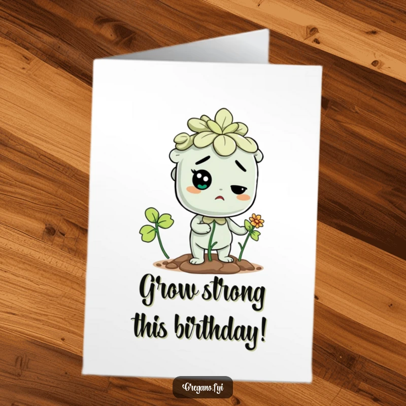 Funny Free Printable birthday card: a determined oregano character focuses intently on sprouting a tiny, hopeful flower, symbolizing new journeys.