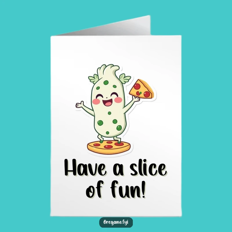 Free Printable Birthday Card: Dancing Oregano Pizza Fun - Downloadable DIY Party Gift