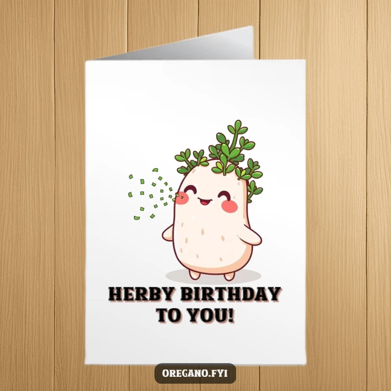 Funny Free Printable Birthday Card featuring a joyous oregano blowing a confetti explosion, perfect for a laugh.