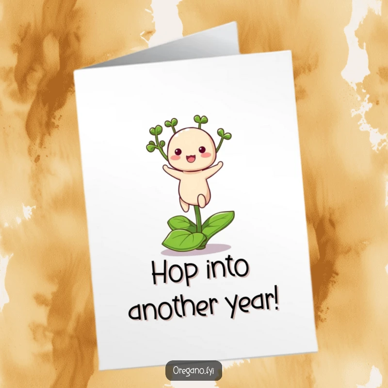 Funny Free Printable Birthday Card featuring a kawaii oregano excitedly hopping on a single small leaf, radiating pure happiness.