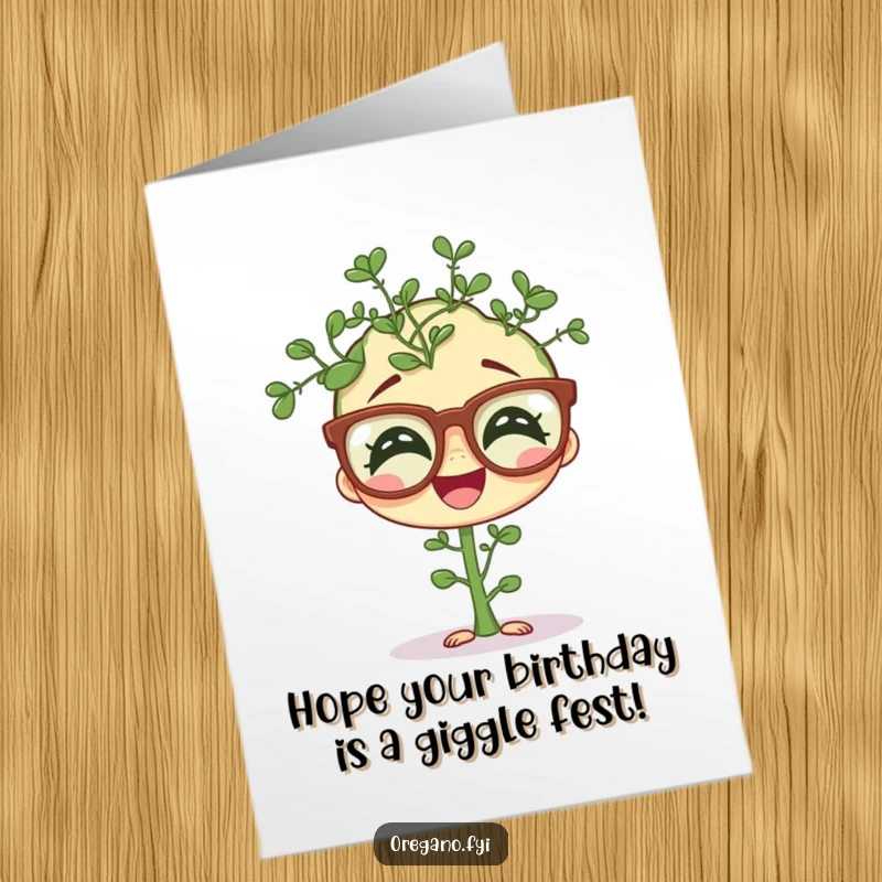 Free Printable Birthday Card: A giggling oregano wearing oversized, comical spectacles, ready to celebrate a birthday.