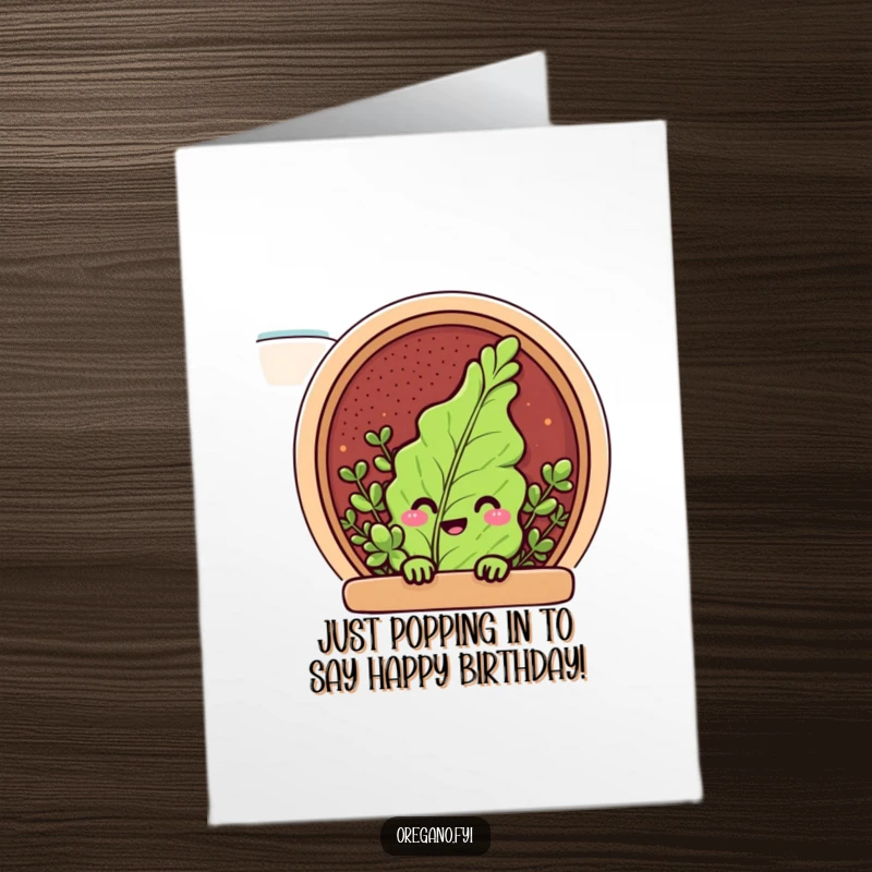 Funny Free Printable Birthday Card: Oregano character peeking with a grin from a spice rack.