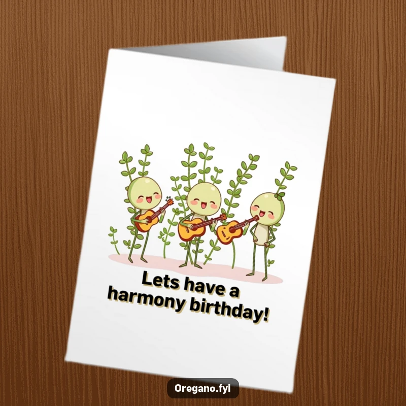 Funny Free Printable Birthday Card: Oregano sprigs harmonizing with leaf instruments, a downloadable musical celebration.