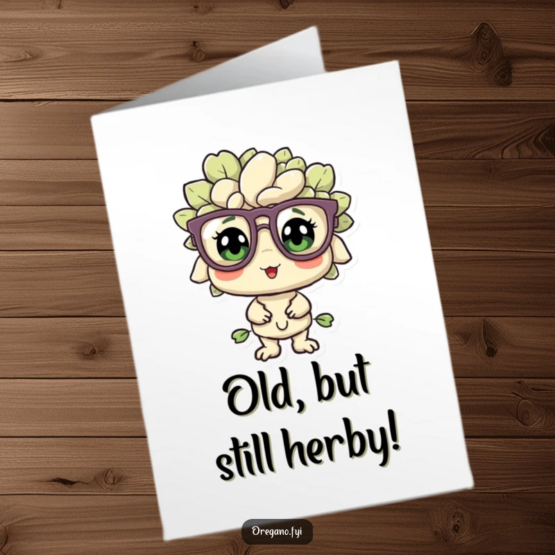 Funny Free Printable Birthday Card: An oregano sprig in oversized glasses looks endearingly bewildered yet pleased, perfect for a unique greeting.