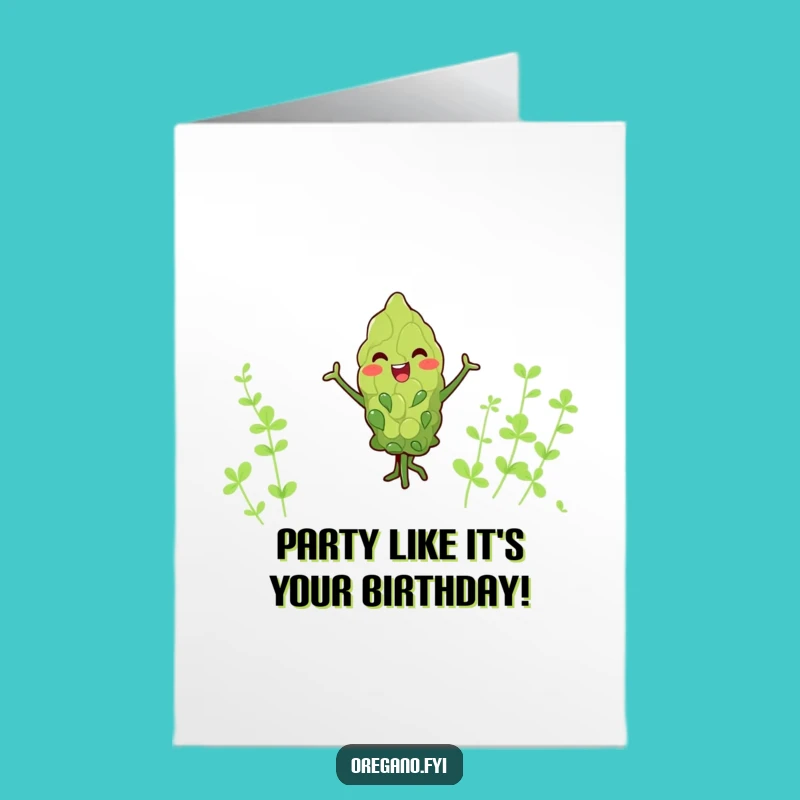 Free Printable Birthday Card: Dancing Kawaii Oregano for a Joyful Celebration