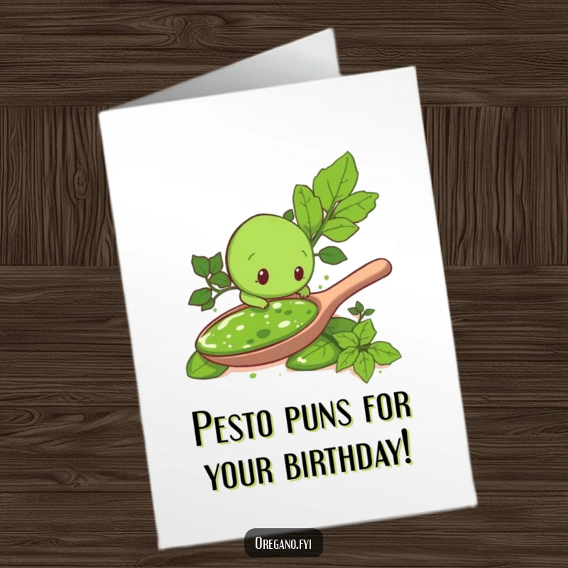 Funny Free Printable Birthday Card: A curious oregano leaf character dives into a giant spoonful of pesto, looking delighted.