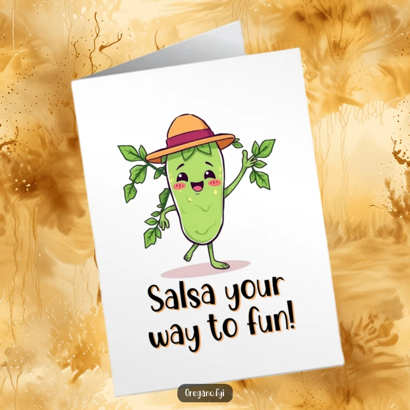 Funny Free Printable Birthday Card: A cute Kawaii oregano leaf character dancing a dramatic salsa with pure joy.