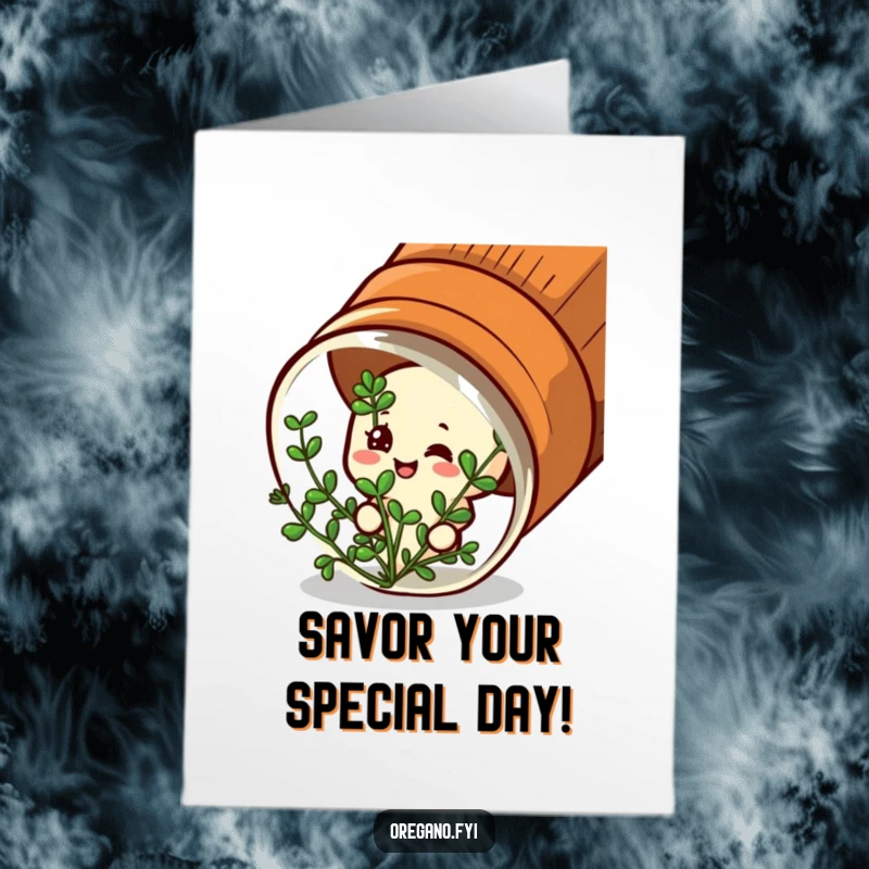 Funny Free Printable Birthday Card: Oregano character with satisfied expression, peeking from a spice jar. Happy, flavorful wishes.