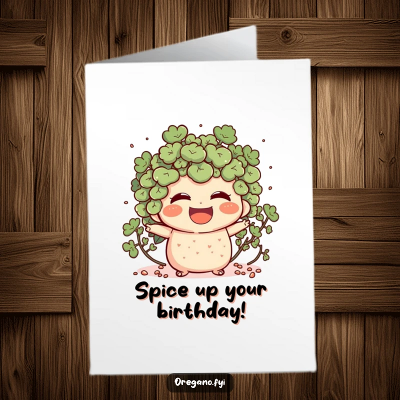 Free Printable Birthday Card: An oregano character laughs heartily, scattering tiny, joyful specks around.