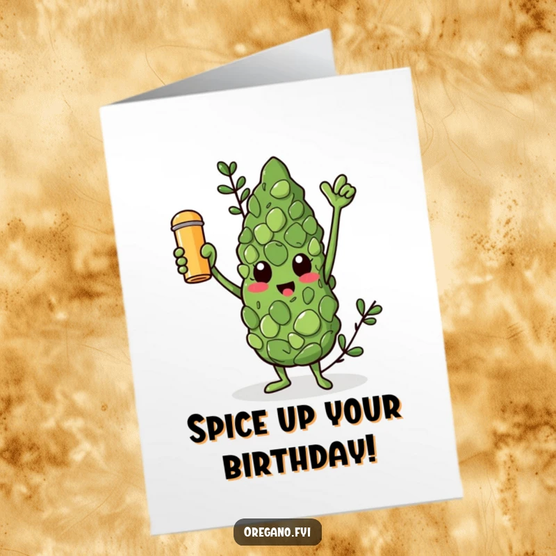 Funny Free Printable Birthday Card: Triumphant oregano leaf character holding a golden spice shaker aloft; a celebratory, downloadable birthday wish.