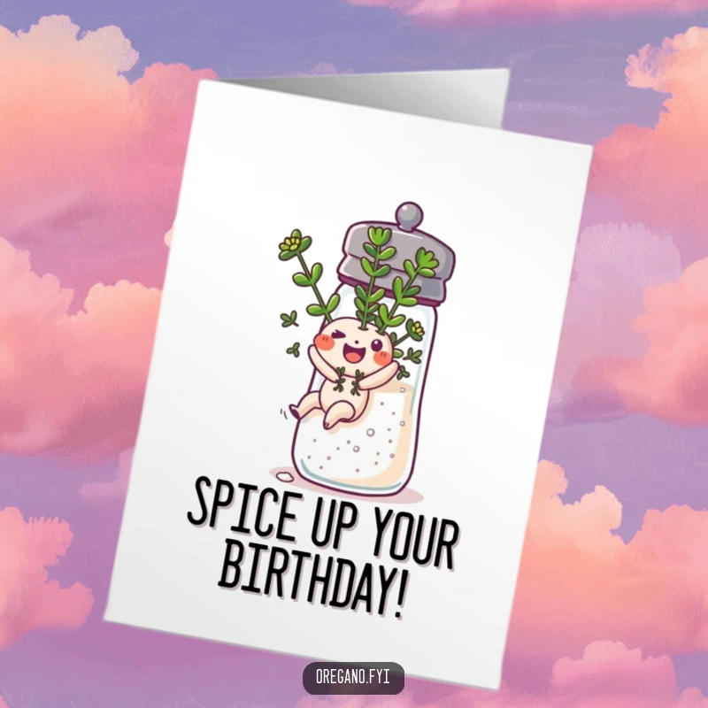 Funny Free Printable Birthday Card: A happy oregano sprig slides gleefully down a salt shaker, celebrating with zest.