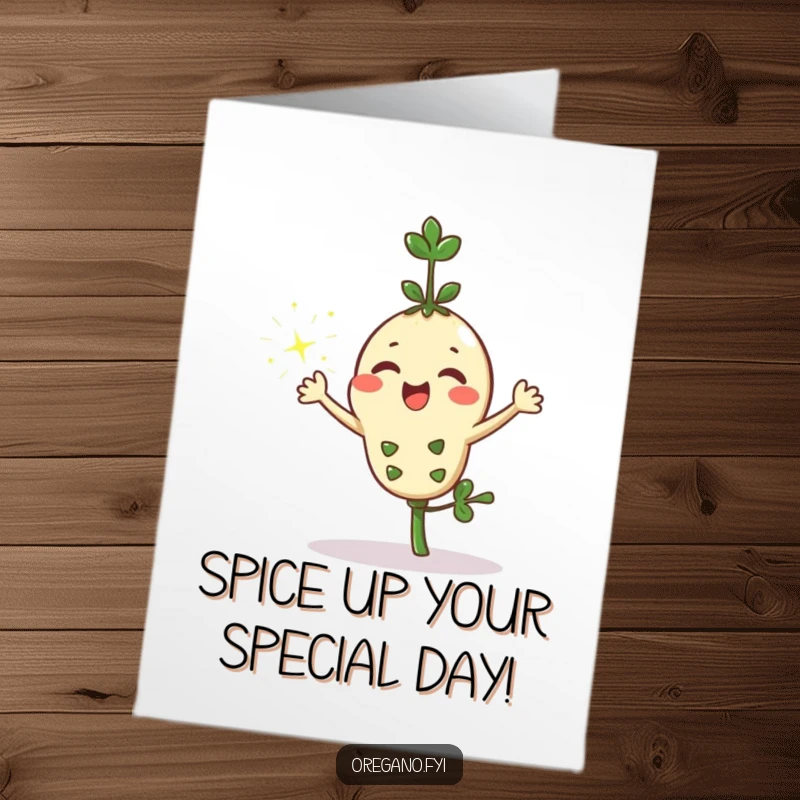 Funny Free Printable Birthday Card: Cute Kawaii oregano sprig joyfully sprinkling magical glitter from its leaves.